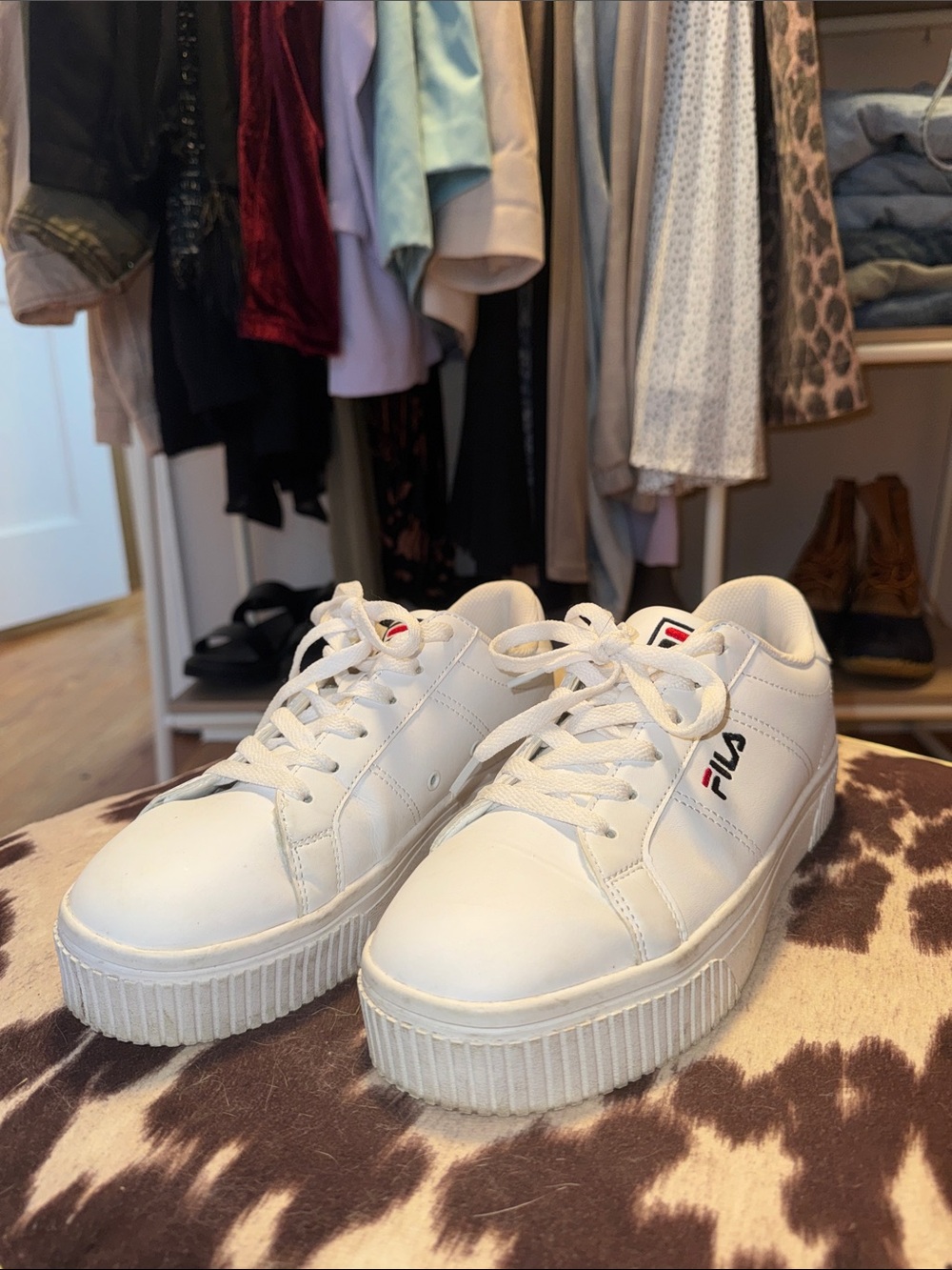 FILA White Platform Lace-Up Sneakers with Red & Blue Logo